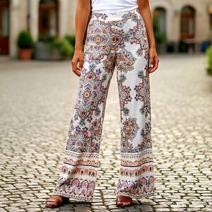 Rachel Zoe Colorful Mandala Paisley Boho Wide Leg Linen Blend Pull On Pants